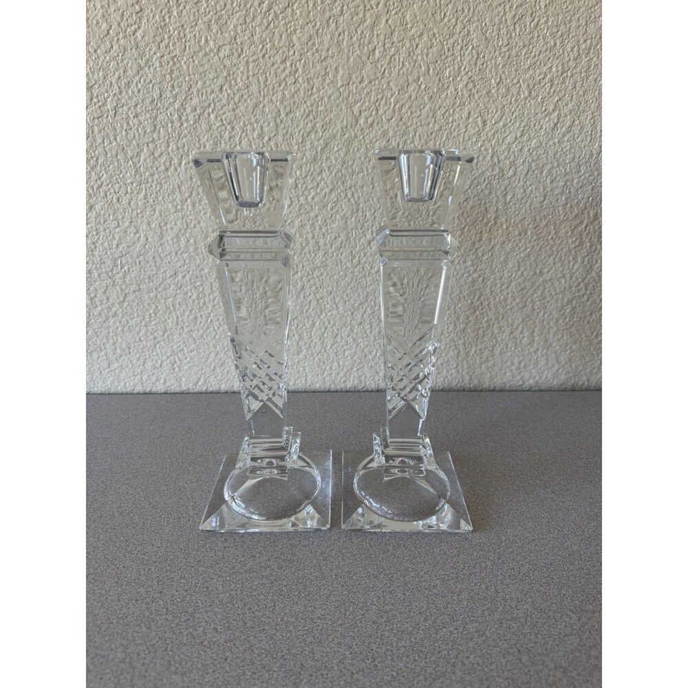 Pair Clear Cut Crystal Glass Candlestick Holders 10” Tall Geometric Square Base